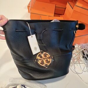 Tory Burch Black Pebbled Leather Drawstring Bucket Bag with Gold Logo